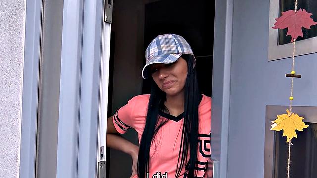 Naughty Brunette Gets Her Debt Paid by leasing her landlord's place with a hot thong & t-shirt