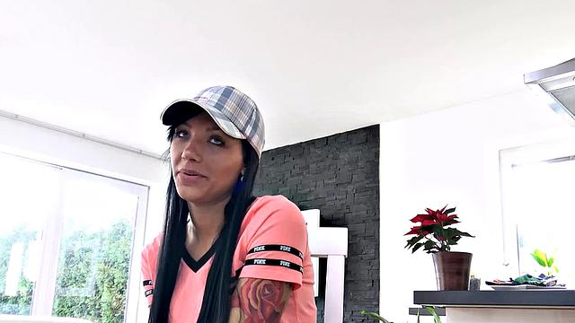 Naughty Brunette Gets Her Debt Paid by leasing her landlord's place with a hot thong & t-shirt