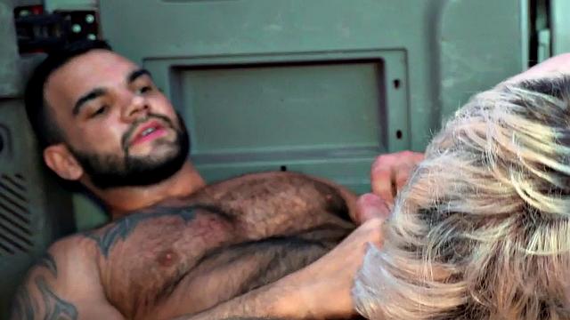 Dominant hairy jock fucks twink ass in van outdoor