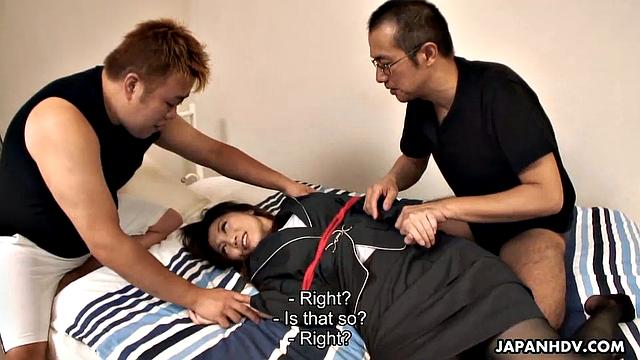 Slutty babe in stockings gets fucked by men