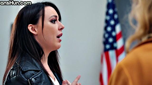 Redhead shemale lesbian babe public fucks coworker in office