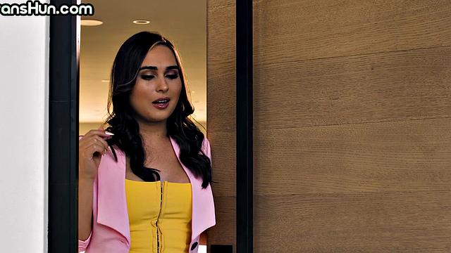 Trans hunny fucks greedy pussy of maid on couch