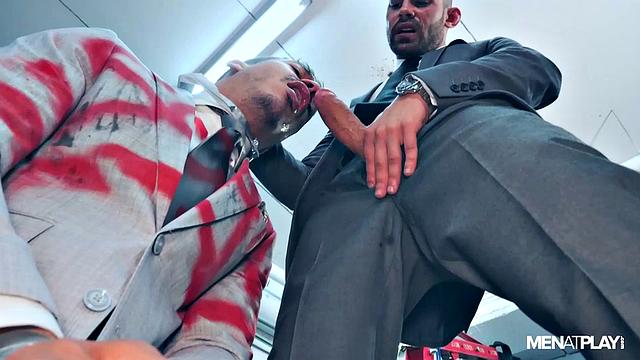 confident men in suits outsmart and seduce each other for a wild, explosive office hookup