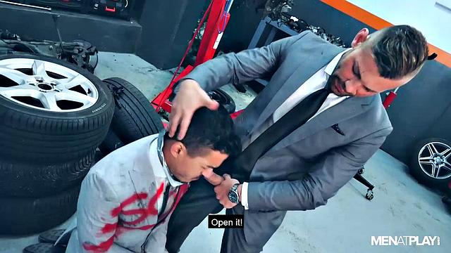 confident men in suits outsmart and seduce each other for a wild, explosive office hookup