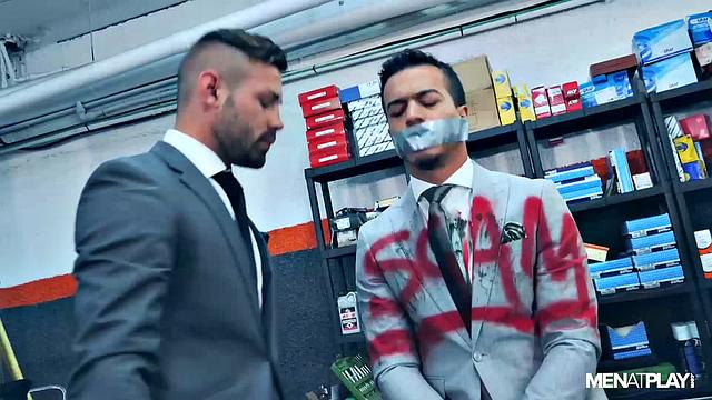 confident men in suits outsmart and seduce each other for a wild, explosive office hookup
