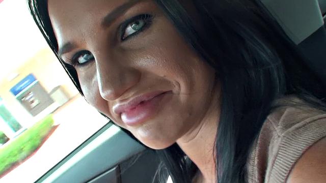 Mishka's Car Trouble: A wild kitchen fuck with big-titted brunette and bald pussy outdoors