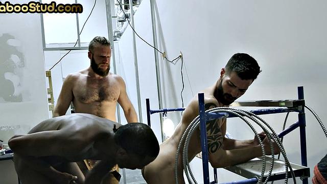 IR stepbrothers fucked by BBC in 3way action at work