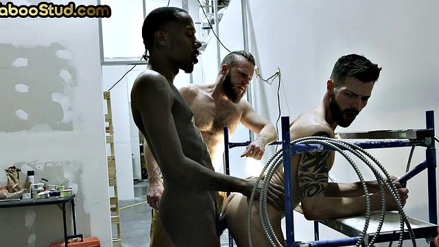 IR stepbrothers fucked by BBC in 3way action at work