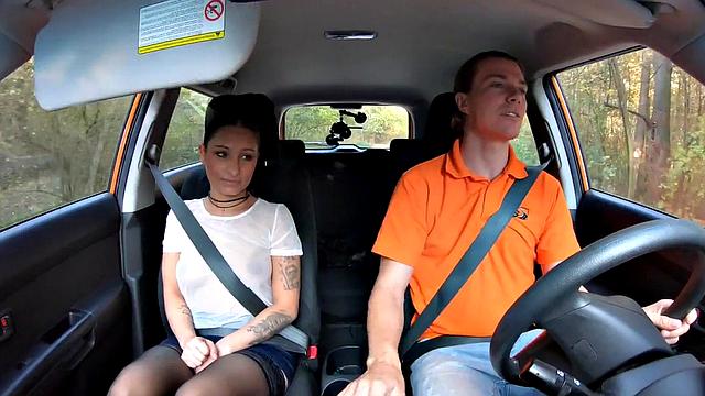 BJ babe in stockings outdoor fucked by instructor