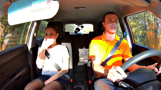 BJ babe in stockings outdoor fucked by instructor