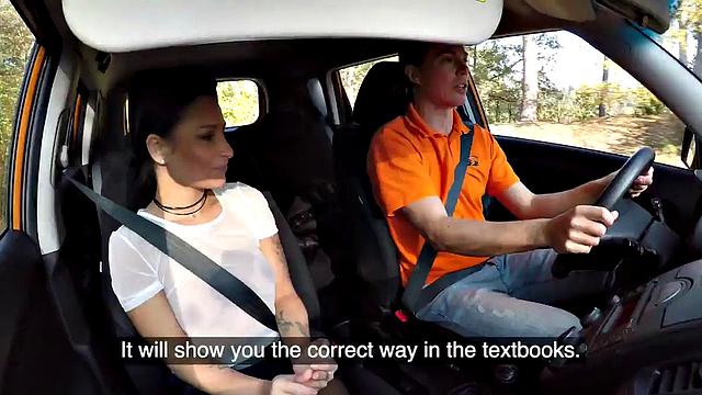 BJ babe in stockings outdoor fucked by instructor