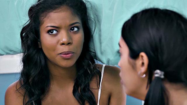 Ebony dyke with big boobs eats GFs pussy in 69 pose