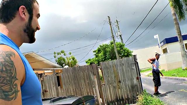 A tattooed ebony babe get her tight asshole drilled by a white dude's hard cock in the great outdoors