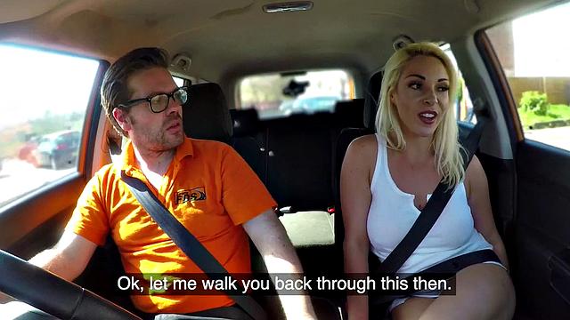 Bigboob British babe sucks off instructor in the car