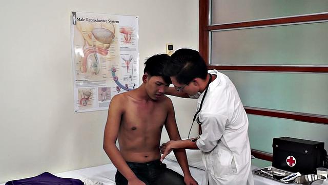Asian doctor checks twink's ass with sex and medical toys