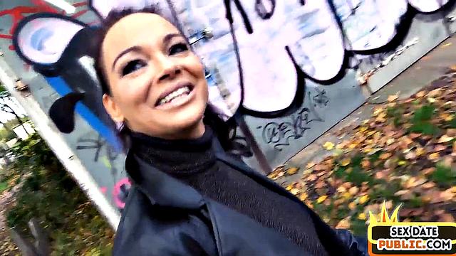 Public nasty slut banged by huge dick in pussy hole