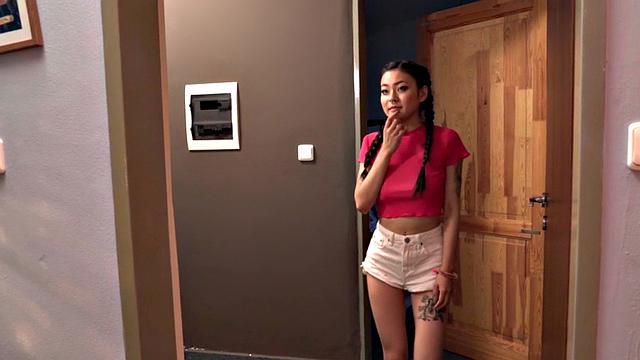 Huge MILF shares bf with Asian babe in hostel threeway