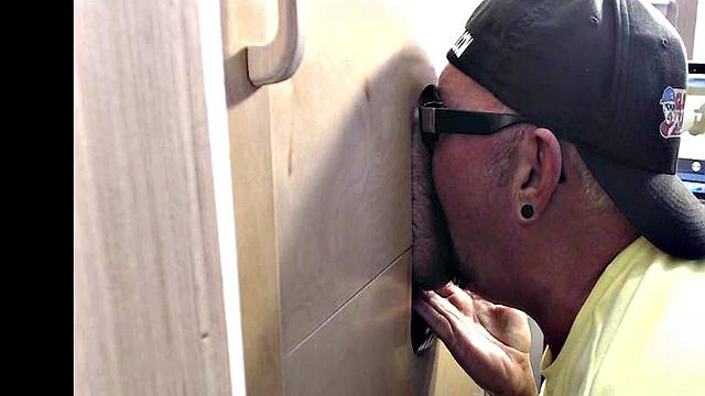 Gloryhole amateur daddy sucks BFs cock very deep