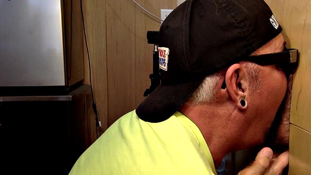 Gloryhole amateur daddy sucks BFs cock very deep