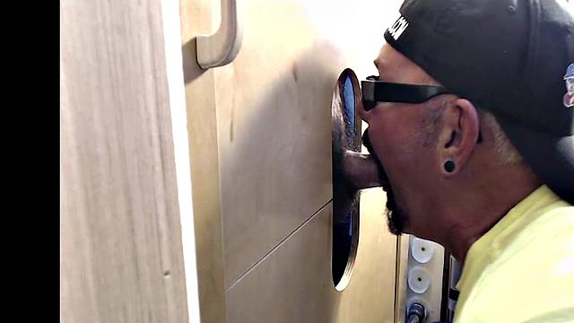 Gloryhole amateur daddy sucks BFs cock very deep