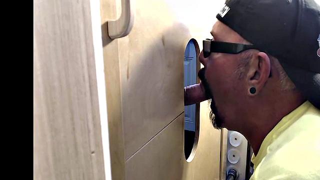 Gloryhole amateur daddy sucks BFs cock very deep