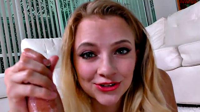 Small boobs HJ teen jerks POV oiled cock and talks dirty