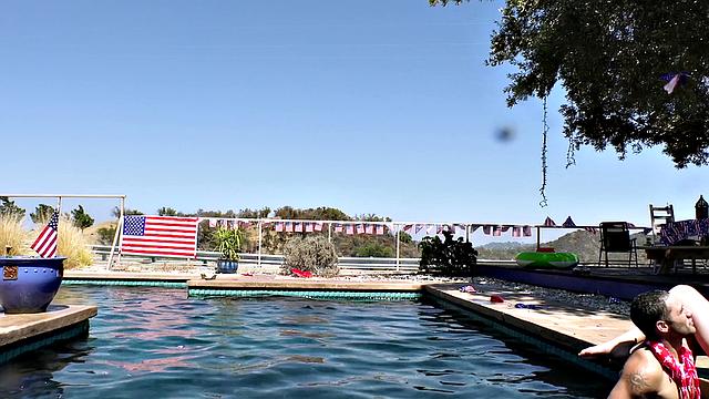 Tattooed blonde fucks on the outdoor BBQ with glasses on and reverse cowgirl action