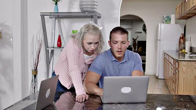 Busty redhead enjoys pussy drill in the kitchen