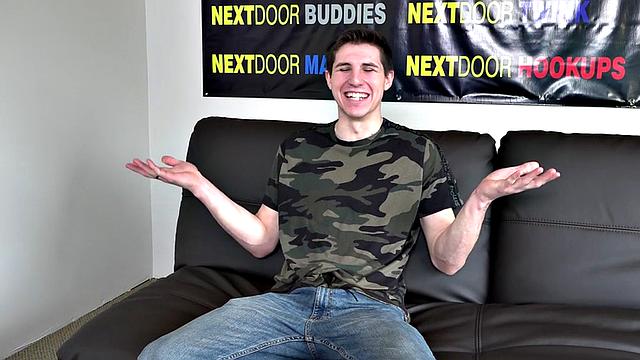 Amateur sexy guy with hairy legs jerks on casting and cums