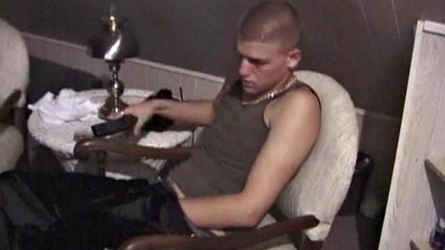 Horny Lance pulls out his cock and quickly gets hard. He strokes his meat and it isn't long before he's blowing a load all over his shirt. Then he shows the camera his cum, before licking it up.