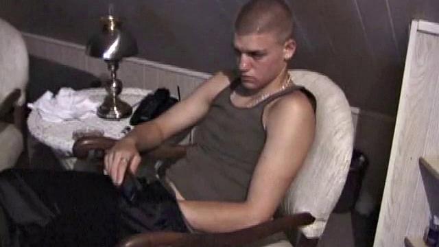 Horny Lance pulls out his cock and quickly gets hard. He strokes his meat and it isn't long before he's blowing a load all over his shirt. Then he shows the camera his cum, before licking it up.