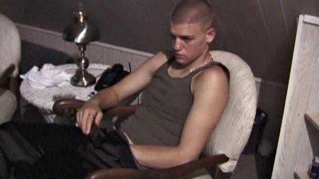 Horny Lance pulls out his cock and quickly gets hard. He strokes his meat and it isn't long before he's blowing a load all over his shirt. Then he shows the camera his cum, before licking it up.