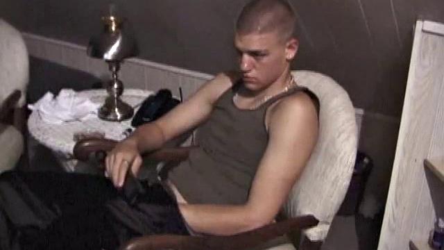 Horny Lance pulls out his cock and quickly gets hard. He strokes his meat and it isn't long before he's blowing a load all over his shirt. Then he shows the camera his cum, before licking it up.