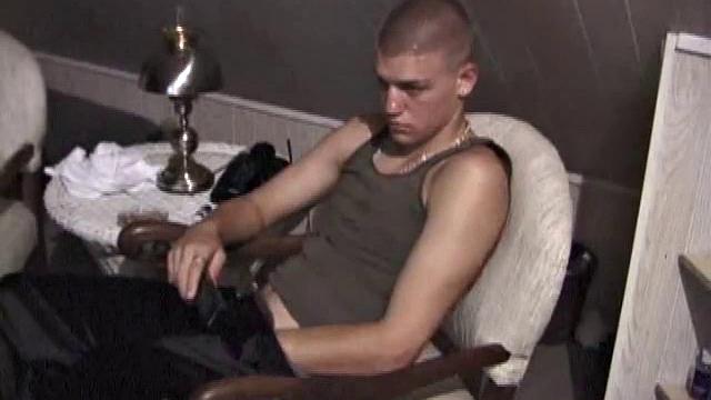 Horny Lance pulls out his cock and quickly gets hard. He strokes his meat and it isn't long before he's blowing a load all over his shirt. Then he shows the camera his cum, before licking it up.