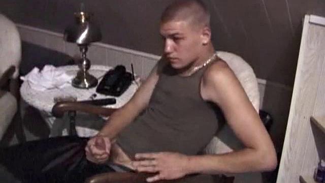 Horny Lance pulls out his cock and quickly gets hard. He strokes his meat and it isn't long before he's blowing a load all over his shirt. Then he shows the camera his cum, before licking it up.