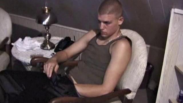 Horny Lance pulls out his cock and quickly gets hard. He strokes his meat and it isn't long before he's blowing a load all over his shirt. Then he shows the camera his cum, before licking it up.