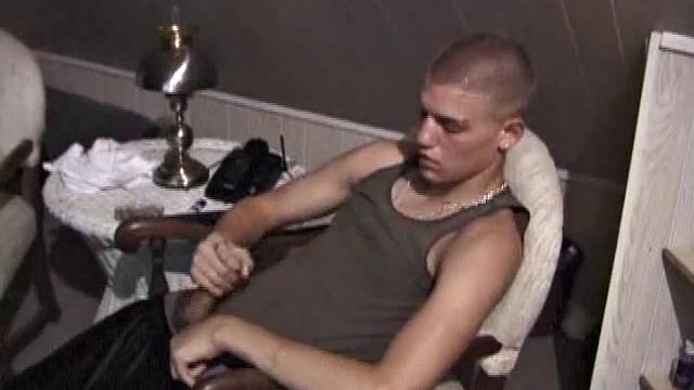 Horny Lance pulls out his cock and quickly gets hard. He strokes his meat and it isn't long before he's blowing a load all over his shirt. Then he shows the camera his cum, before licking it up.