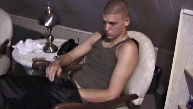 Horny Lance pulls out his cock and quickly gets hard. He strokes his meat and it isn't long before he's blowing a load all over his shirt. Then he shows the camera his cum, before licking it up.