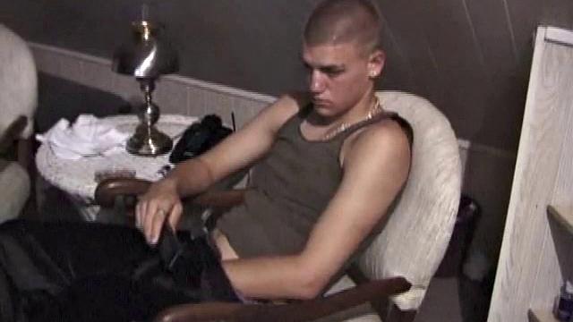 Horny Lance pulls out his cock and quickly gets hard. He strokes his meat and it isn't long before he's blowing a load all over his shirt. Then he shows the camera his cum, before licking it up.