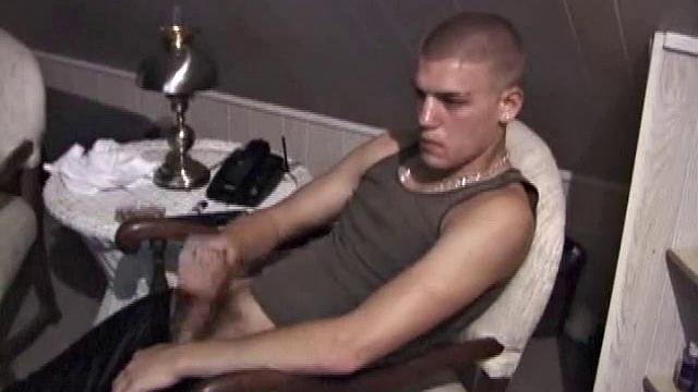 Horny Lance pulls out his cock and quickly gets hard. He strokes his meat and it isn't long before he's blowing a load all over his shirt. Then he shows the camera his cum, before licking it up.