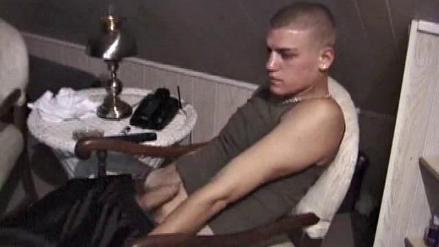 Horny Lance pulls out his cock and quickly gets hard. He strokes his meat and it isn't long before he's blowing a load all over his shirt. Then he shows the camera his cum, before licking it up.