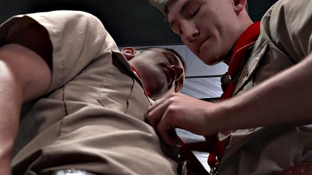 Scout drills twink in outdoor 3some under tent