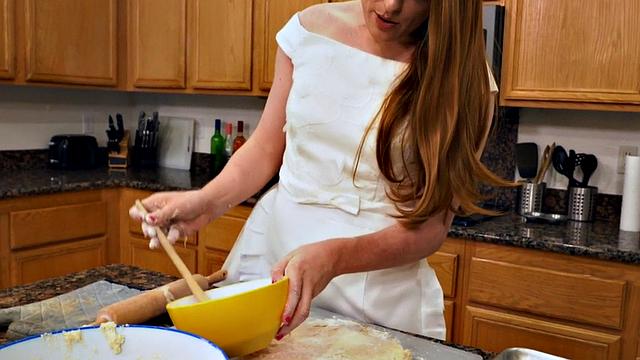 TS ginger goddess wanking solo in the kitchen while baking