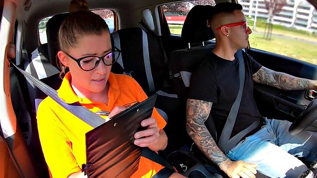 Nerdy driving instructor rides student cock