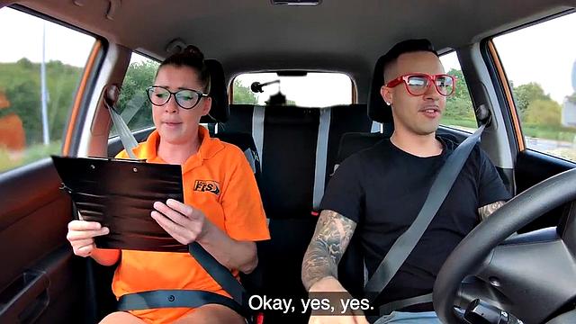 Nerdy driving instructor rides student cock