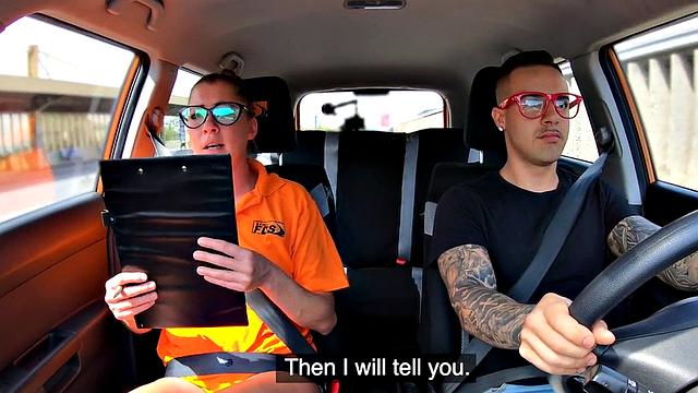 Nerdy driving instructor rides student cock