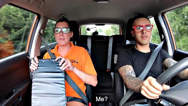 Nerdy driving instructor rides student cock