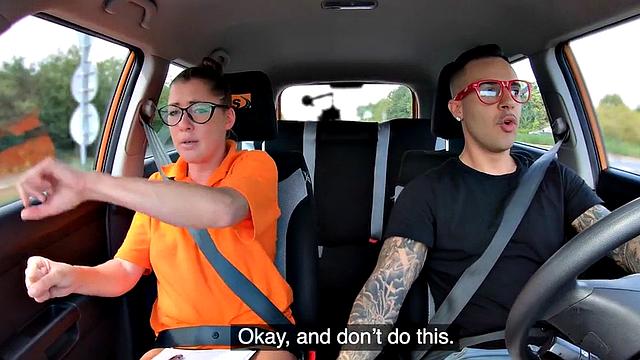 Nerdy driving instructor rides student cock