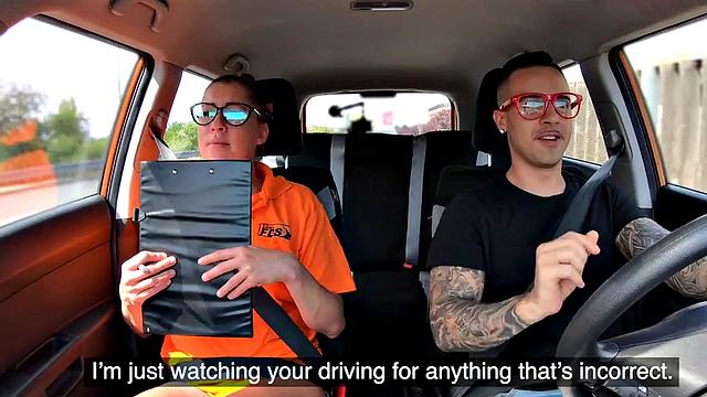 Nerdy driving instructor rides student cock