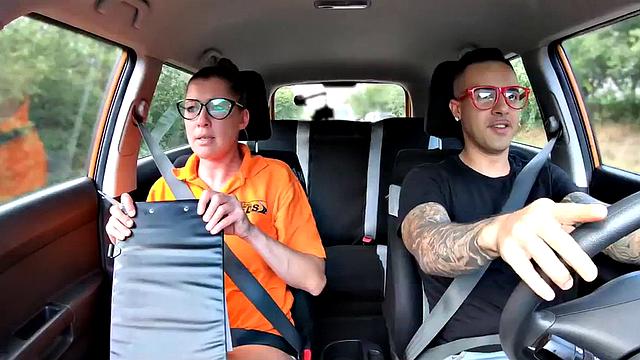 Nerdy driving instructor rides student cock